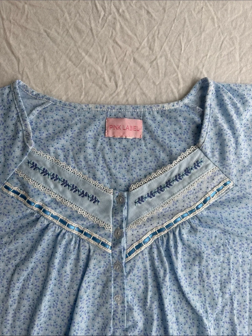 Pink Label Blue Floral Nightgown Lace Trim Cottagecore Gown Approx Size is L/XL